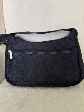 Lesportsac Black Quilted Shoulder Bag with Leaf Stitching